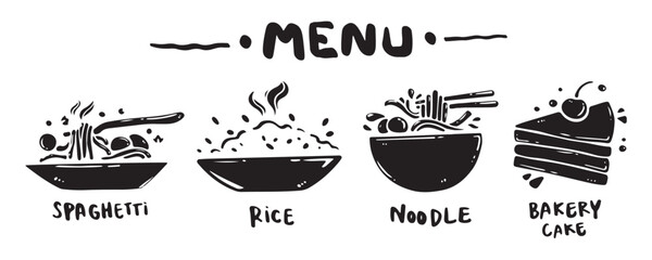 Menu icon set for food categories, hand drawn, vector illustration. (Spaghetti, Rice, Noodles, Bakery, Cake)