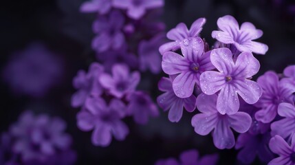 Fototapeta premium Purple flowers with dewdrops, against a dark backdrop of black and purple