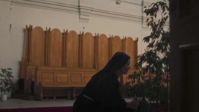 Tracking shot of middle-aged Caucasian cloistress watering plant when serving in church