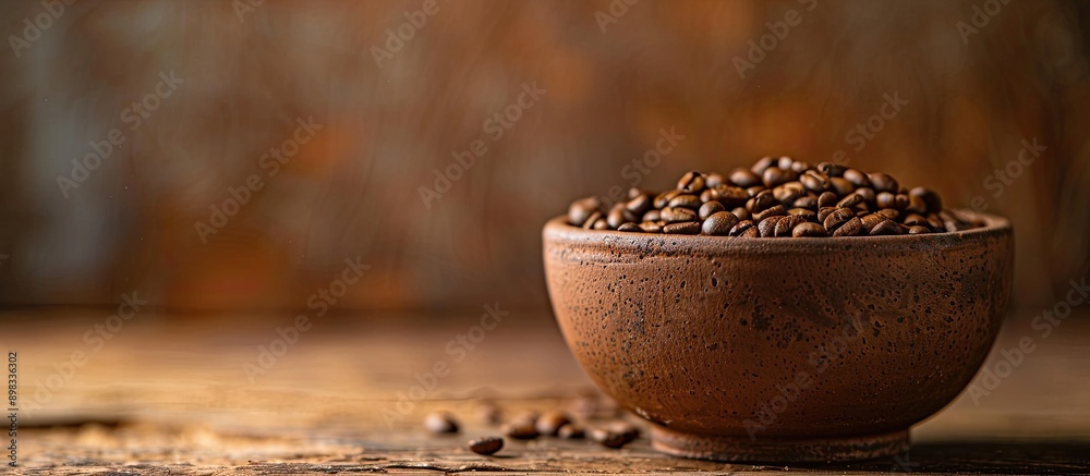Poster coffee filled clay cup with grains in the background perfect for a copy space image