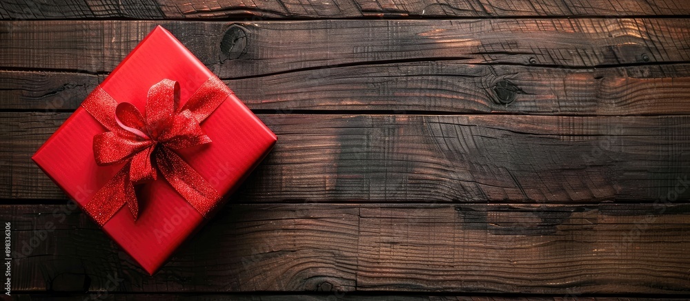 Poster Top view of a desktop with a red gift box creating a charming composition on a wooden surface providing an attractive copy space image
