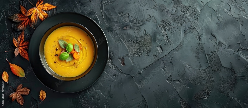 Poster top view of a classic pumpkin soup presented on a dark slate table with ample copy space image