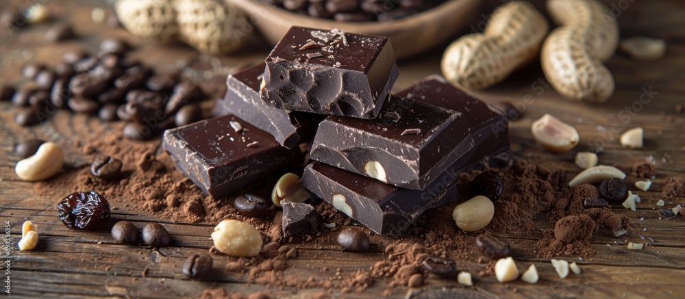 Aufkleber close up shot of dark chocolate cubes coffee beans peanuts and raisins on a wooden table with select