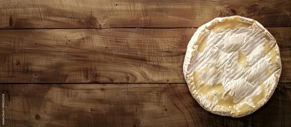 Poster Top view of brie cheese on a wooden backdrop with free copy space image available