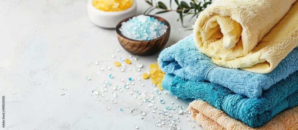 Poster bath towels and spa salt displayed on a white table with copy space image