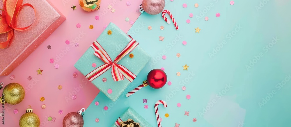Poster top down view composition of a colorful gift box and cute decorations on a pastel background perfect