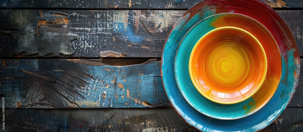 Leinwandbilder view from above of a colorful plate on wood backdrop with copy space image for design