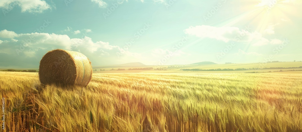 Poster countryside field at noon with a hay bale in daylight includes copy space image