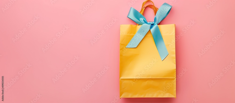 Poster top view of a brightly colored gift bag with ribbon on a pink background perfect for holiday occasio