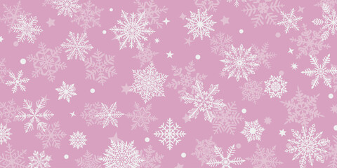 Christmas background of beautiful complex snowflakes, white on pink. Winter illustration with falling snow.