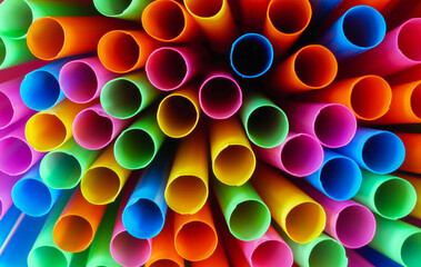 Abstract beautiful multicolored drinking straws, macro rainbow circle of tube background