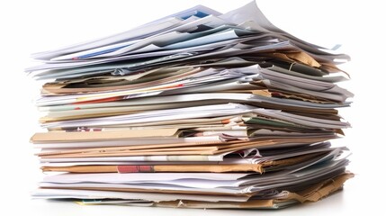 towering stack of business documents on crisp white background papers fan out slightly suggesting complexity clean professional image conveys administrative themes and organization