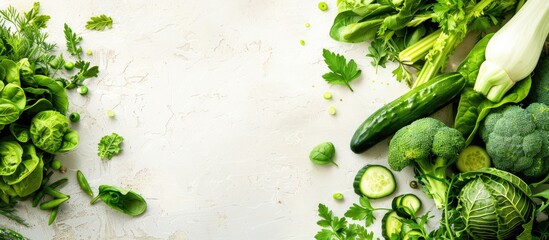 Assorted green vegetables commonly used in vegetarian meals Displayed from above with a flat lay perspective offering a top view and room for text or other elements copy space image