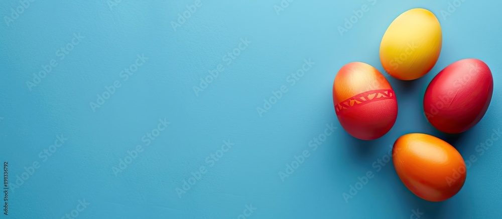Leinwandbilder a blue background features three vibrant easter eggs in red yellow and orange hues providing ample c