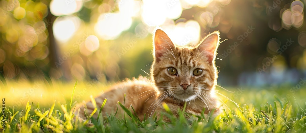 Poster A cat on green grass with a blurred backdrop gazing at the camera in a shot with ample copy space image