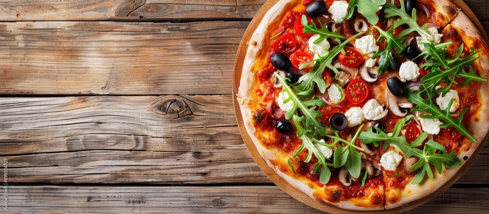 Poster delicious italian pizza topped with mozzarella tomato olives mushrooms and arugula on a rustic woode