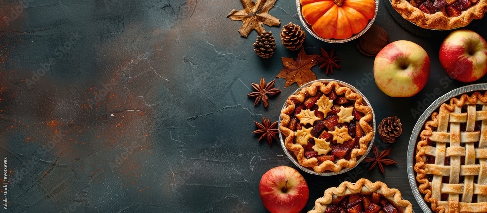 Poster top view of assorted thanksgiving pies with pumpkins and apples showcasing copy space image traditio