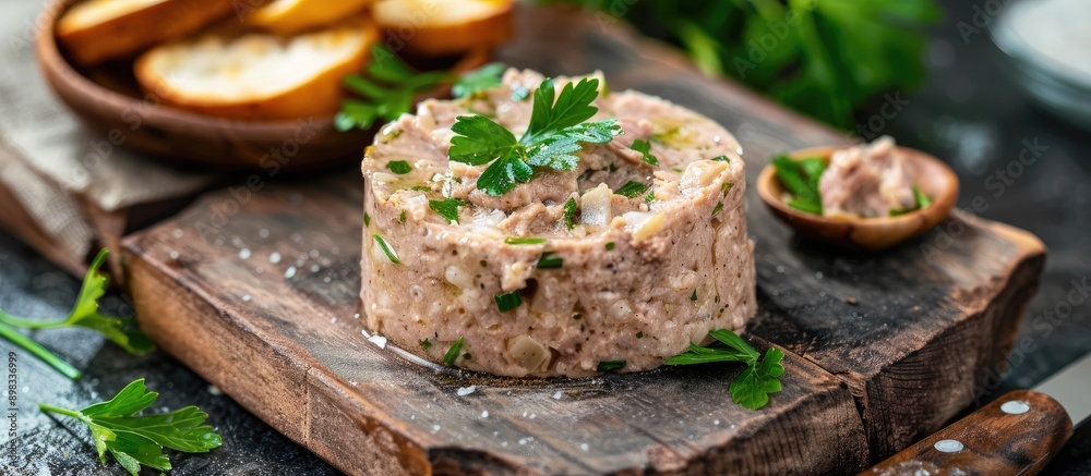 Poster chicken pate garnished with parsley on a cutting board on a stone background providing space for you