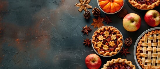 Top view of assorted Thanksgiving pies with pumpkins and apples showcasing copy space image Traditional fall apple and pumpkin pies for the autumn season holiday