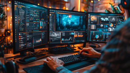 photo of hands working on a desktop computer with a dual monitor setup, in high-definition and full color