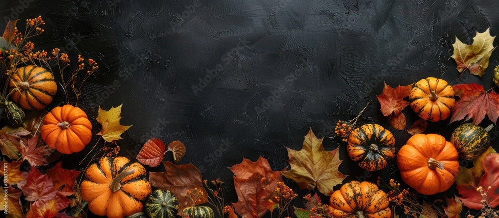 Poster Autumn display of colorful pumpkins and leaves against a black backdrop with space for text in the image. Creative banner. Copyspace image