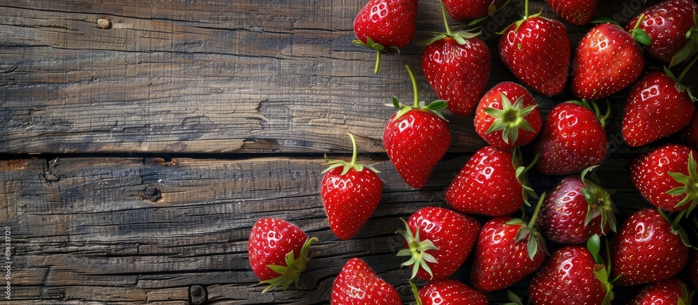 Poster a close up image of ripe red strawberries from a farm displayed for sale at a supermarket set agains
