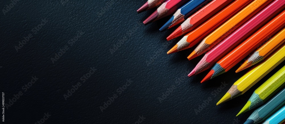 Poster Close up shot of color pencils arranged diagonally on a black background with a cool palette creating a visually appealing copy space image
