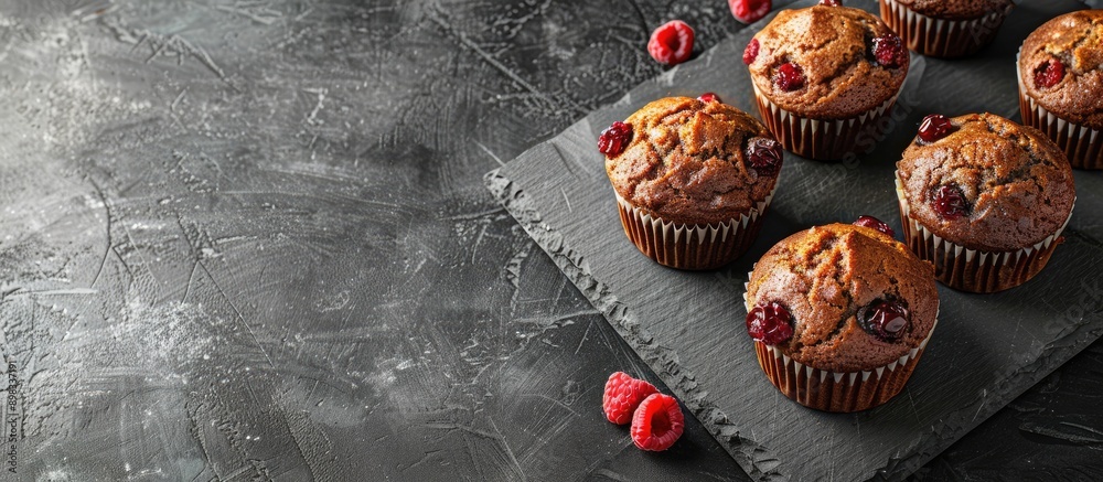 Poster Artificial stone kitchen cutting board with muffins perfect for displaying in a copy space image