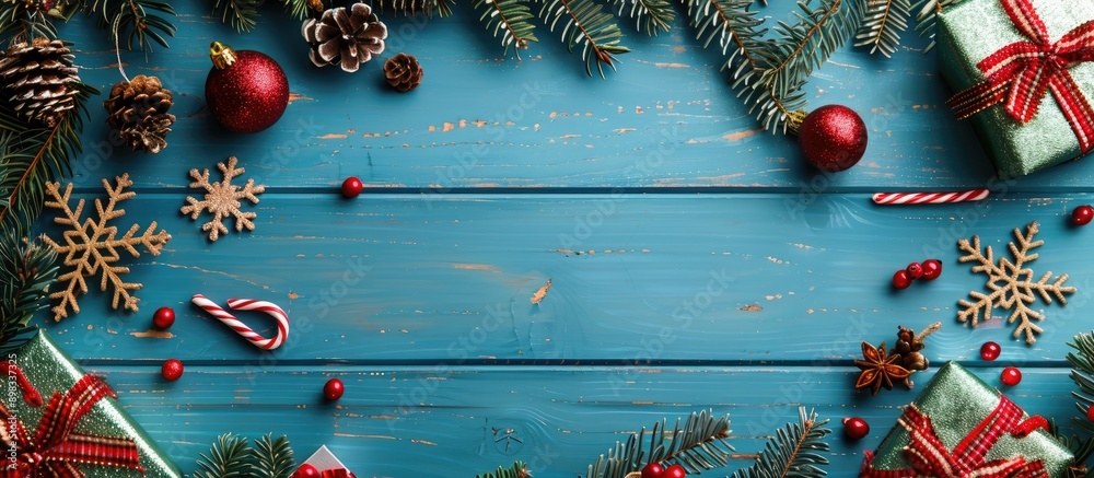 Aufkleber a blue wooden table displaying christmas items with available copy space for a festive background im