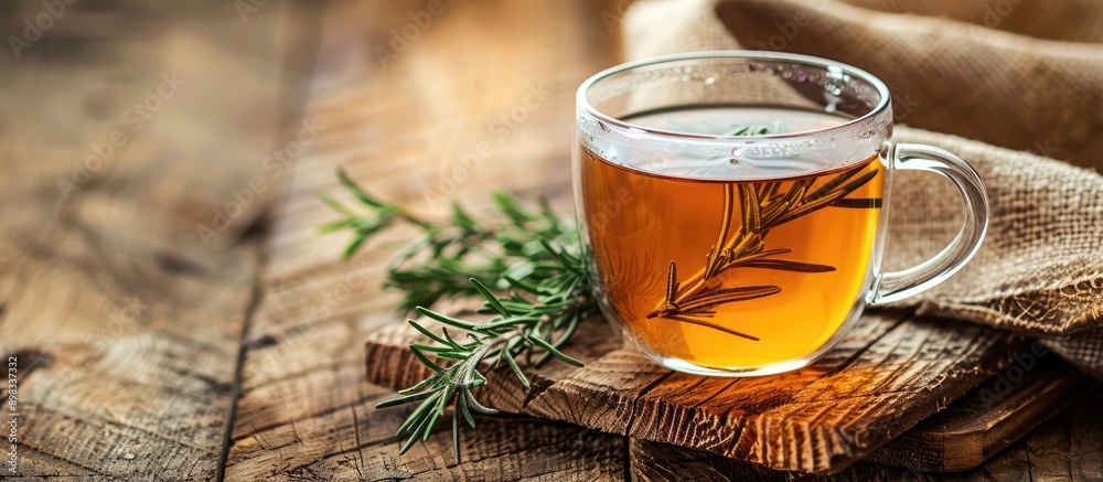 Poster A cup of fragrant herbal tea and rosemary on a rustic wooden table with a blank background for text or other content in the photo known as a copy space image