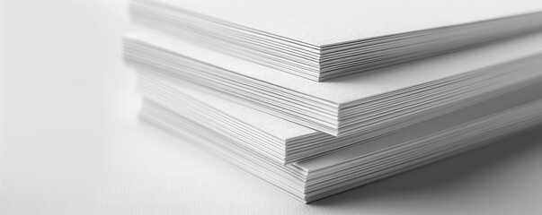 Stack of white paper sheets on a white surface.