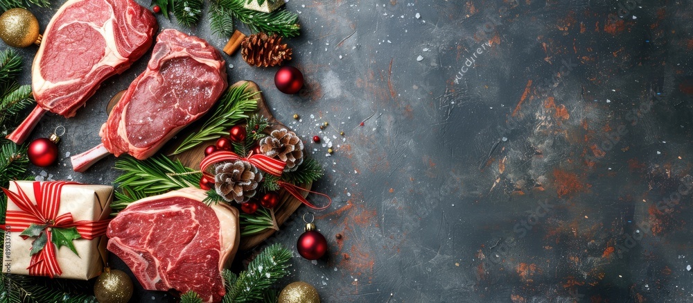 Poster Christmas themed display of assorted raw beef steaks like Ribeye tomahawk T bone on a stone backdrop with tree toys and room for your text in the copy space image