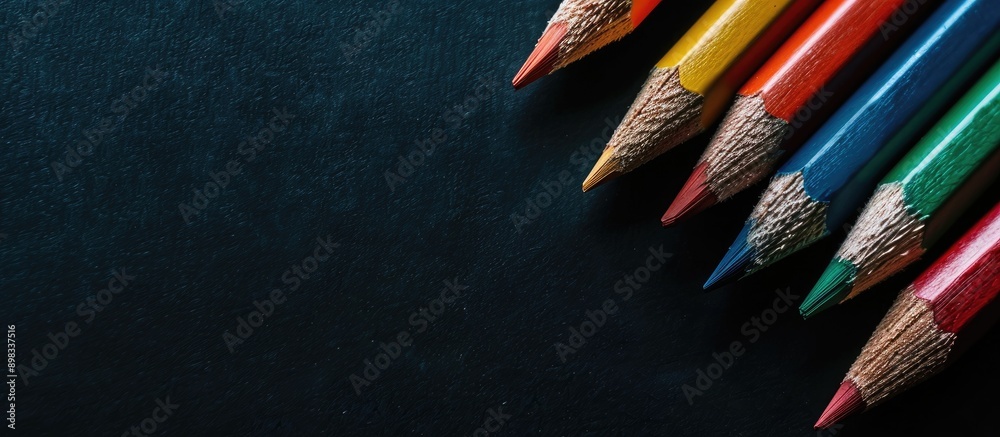 Aufkleber Close up shot of color pencils arranged diagonally on a black background with a cool palette creating a visually appealing copy space image