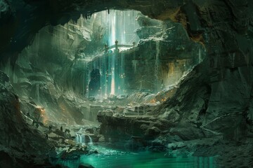Fantasy Cave Landscape with Waterfall.