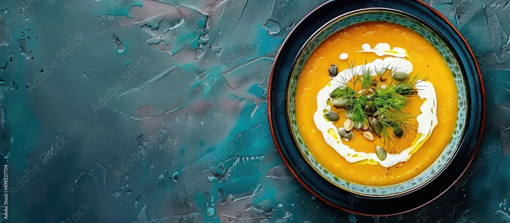 Poster delicious pumpkin soup topped with cream dill and pumpkin seeds in a long format top view copy space