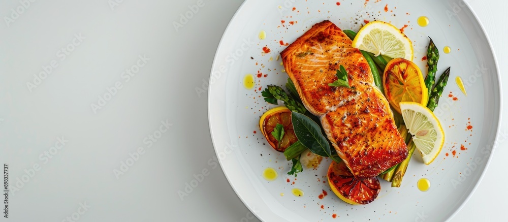 Poster top view of a delectable baked salmon dish with lemon asparagus and spices presented on a white plat