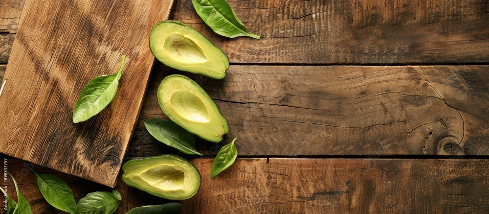 Poster Avocado slices with leaves displayed on a wooden cutting board with ample copy space image