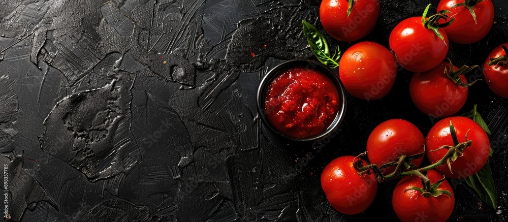 Poster Black background texture with tomato sauce creates an alluring copy space image