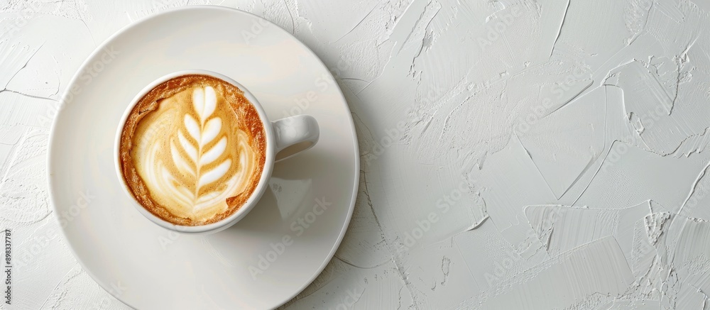 Poster A croissant and latte with artistic foam design displayed on a white surface for an appealing copy space image