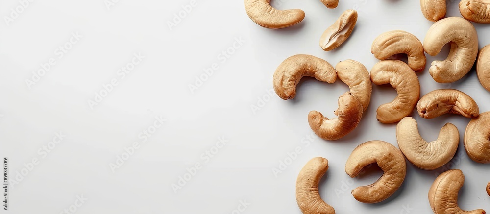 Poster delicious cashew nuts with copy space image on a white backdrop