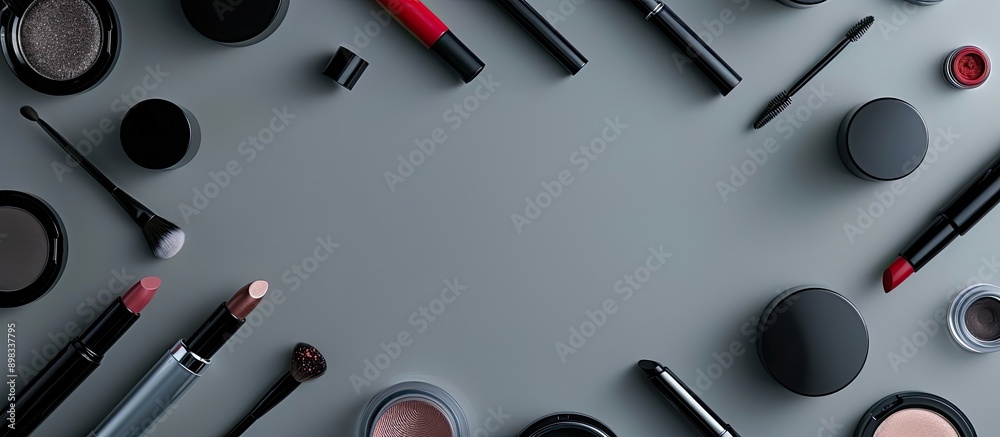 Poster Different cosmetics displayed on a gray backdrop with ample copy space in a top down perspective