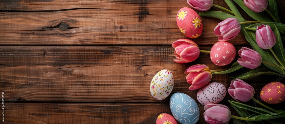 Poster decorative easter eggs with tulips on a wooden backdrop with copy space image