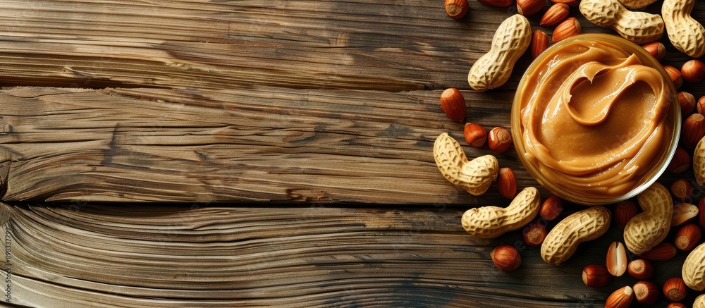 Poster Close up photo of peanut butter and peanuts on a wooden background emphasizing food and party themes with available copy space for text
