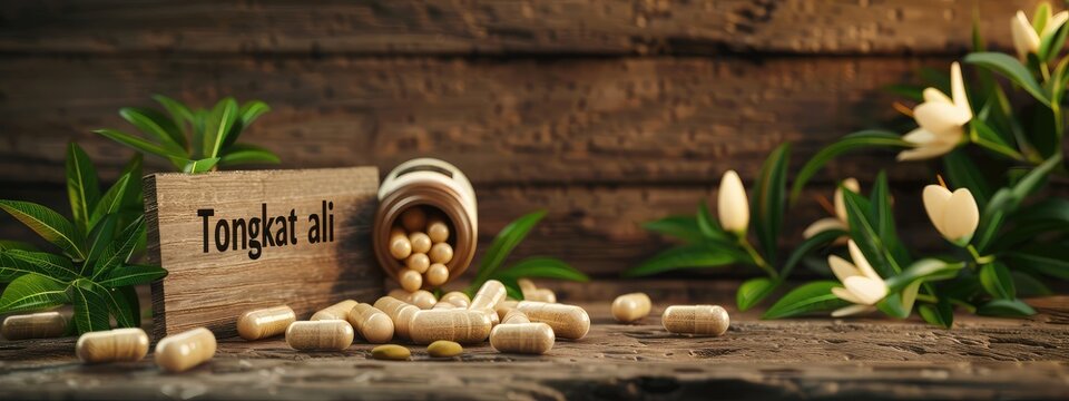 Tongkat ali plant and capsules. Selective focus.