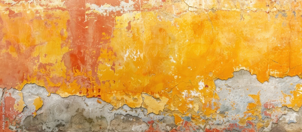 Poster aged rough concrete wall painted in vibrant orange and yellow hues with a weathered appearance and a