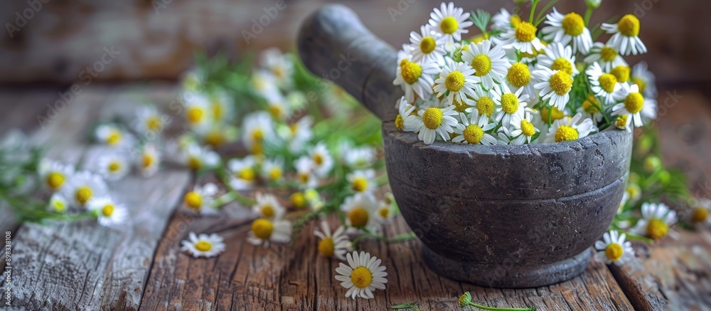 Poster Chamomile flowers arranged in a mortar resting on a rustic wooden table creating a serene and inviting copy space image