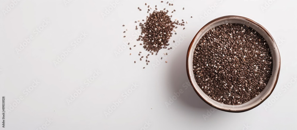 Poster bowl with chia seeds against a white backdrop with copy space image