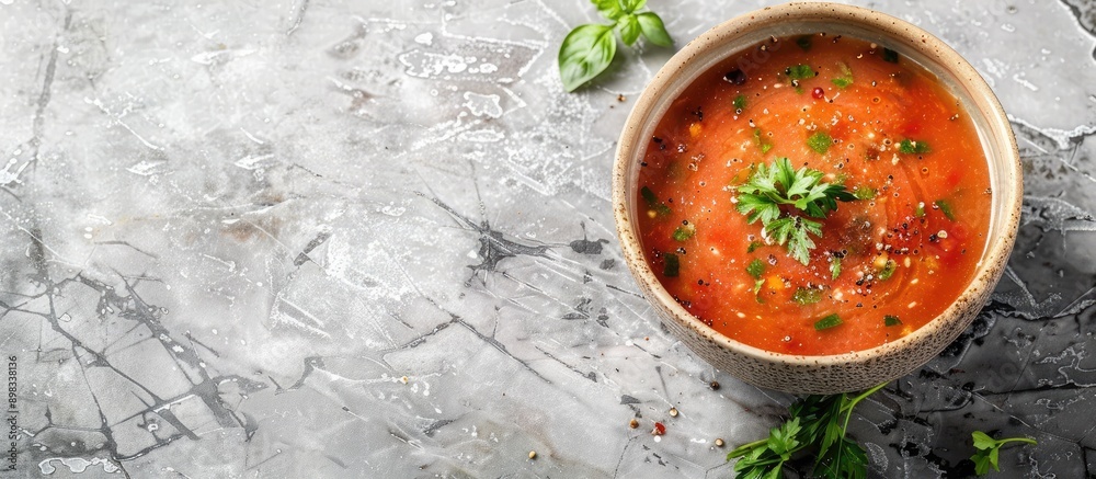 Aufkleber cold gazpacho soup in a bowl on a light stone background with ample copy space image promoting a hea