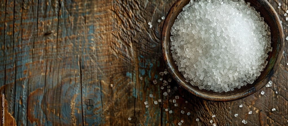 Poster close up of granulated sugar in a bowl on a wooden table providing copy space image