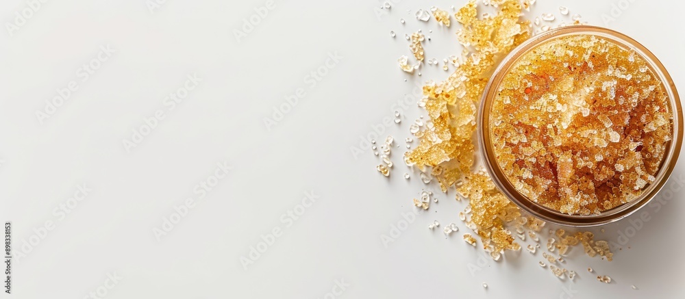 Poster top view of a body scrub on a white backdrop offers ample copy space image